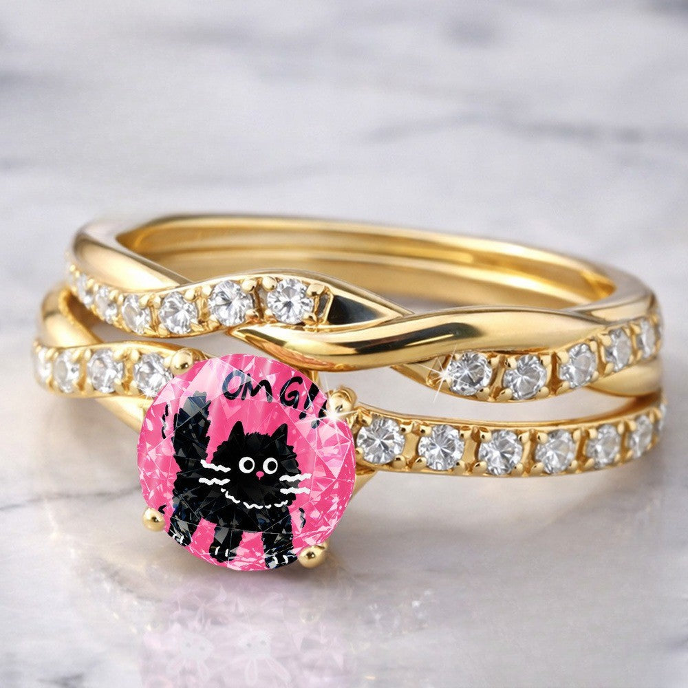 Pink Crystal Black Cat Twisted Ring