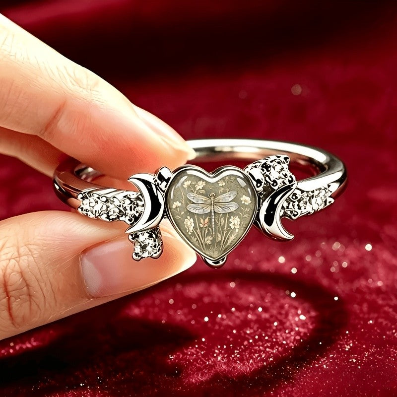 Vintage Floral Dragonfly Heart Ring