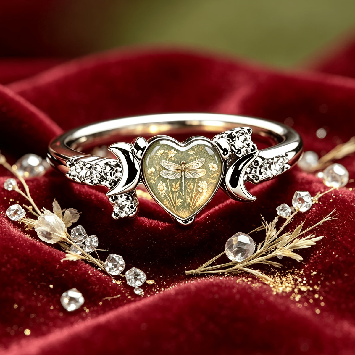 Vintage Floral Dragonfly Heart Ring