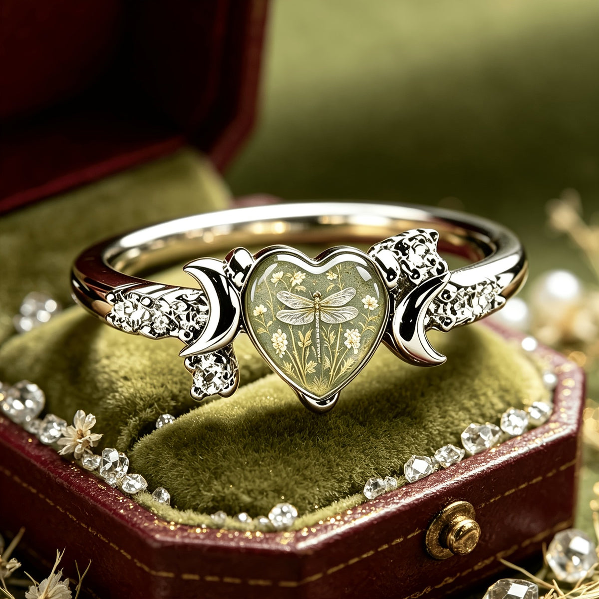 Vintage Floral Dragonfly Heart Ring