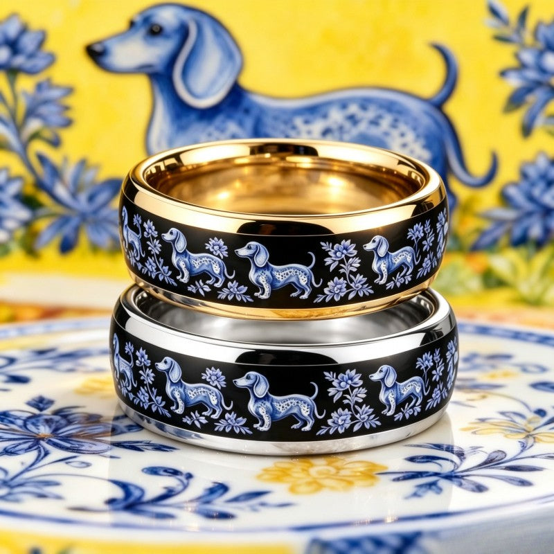 Blue Dachshund Floral Ring Set