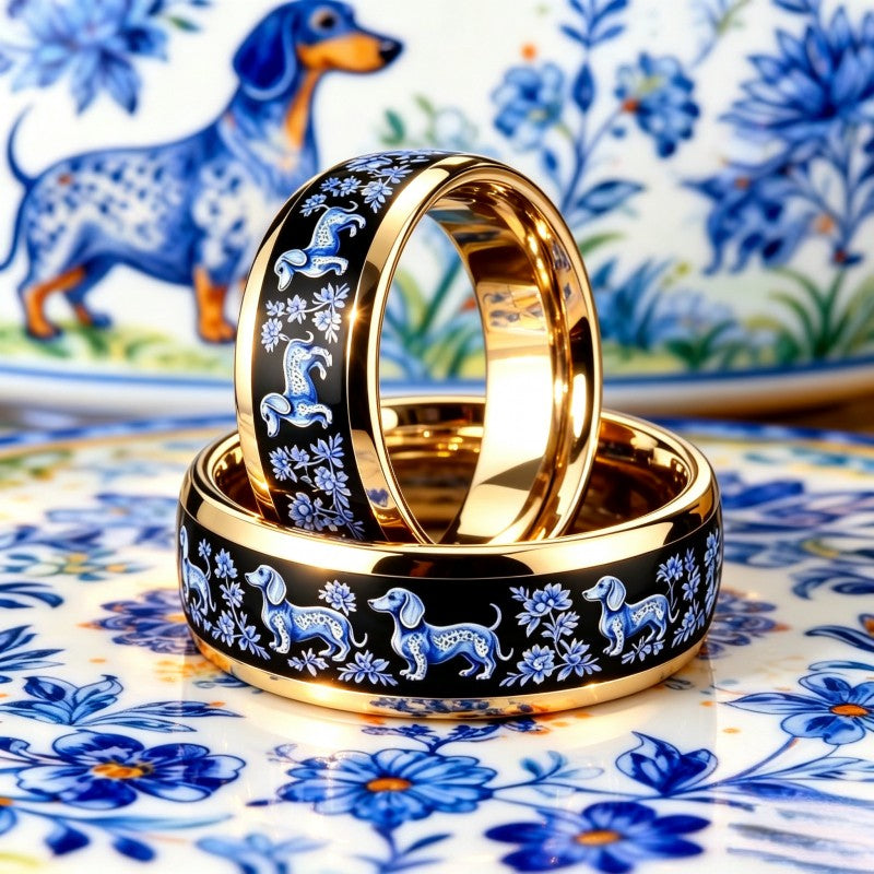 Blue Dachshund Floral Ring Set
