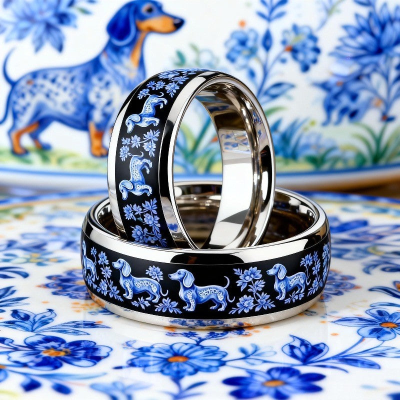 Blue Dachshund Floral Ring Set