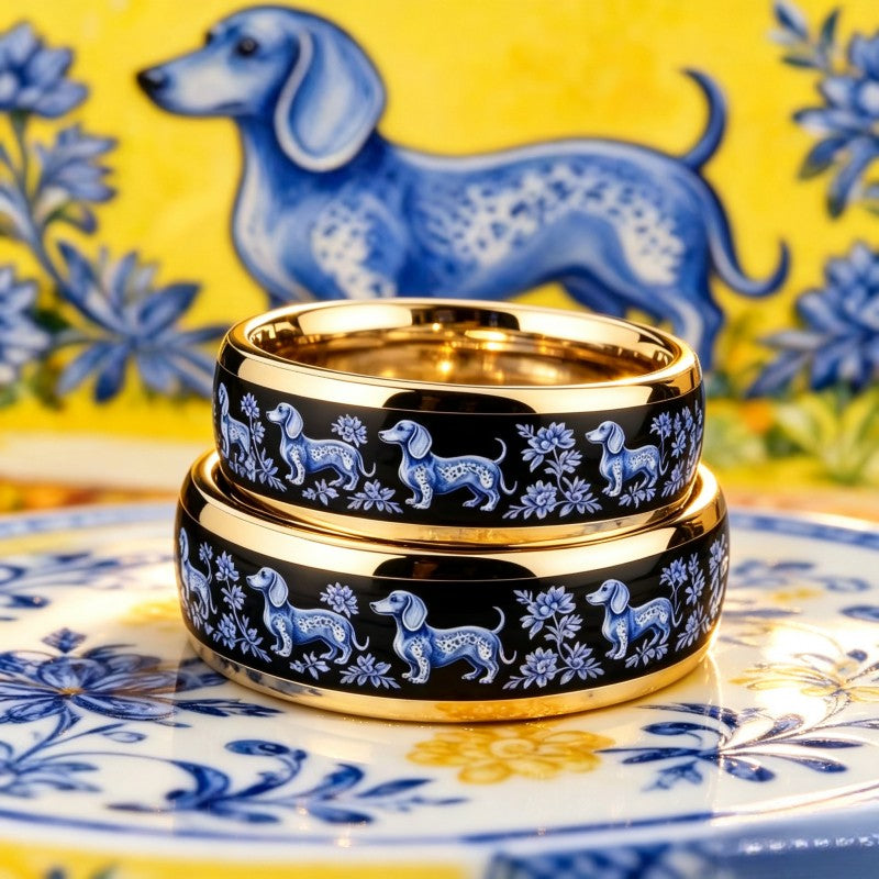 Blue Dachshund Floral Ring Set