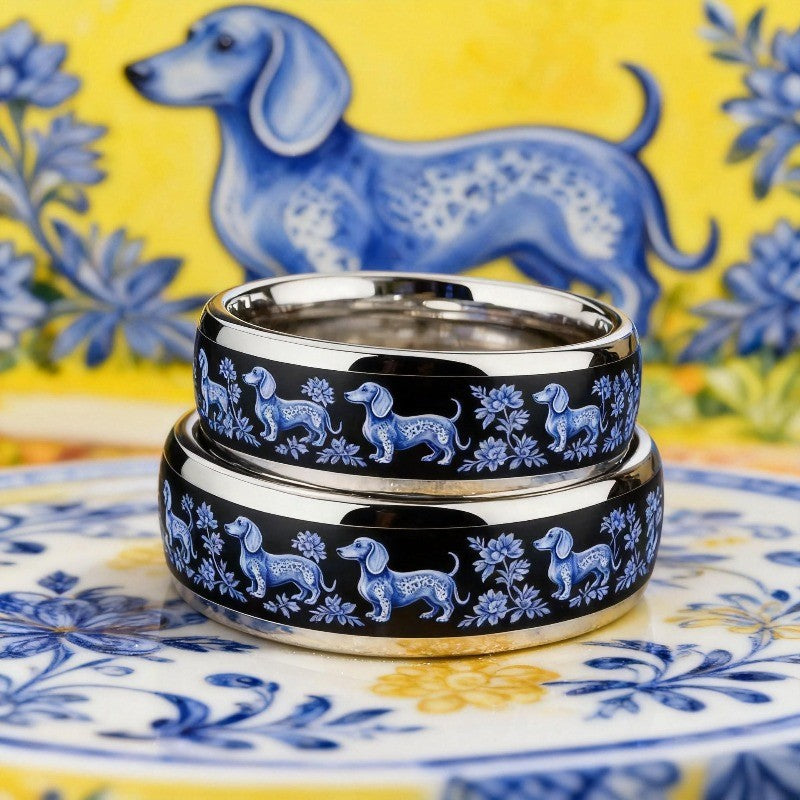 Blue Dachshund Floral Ring Set