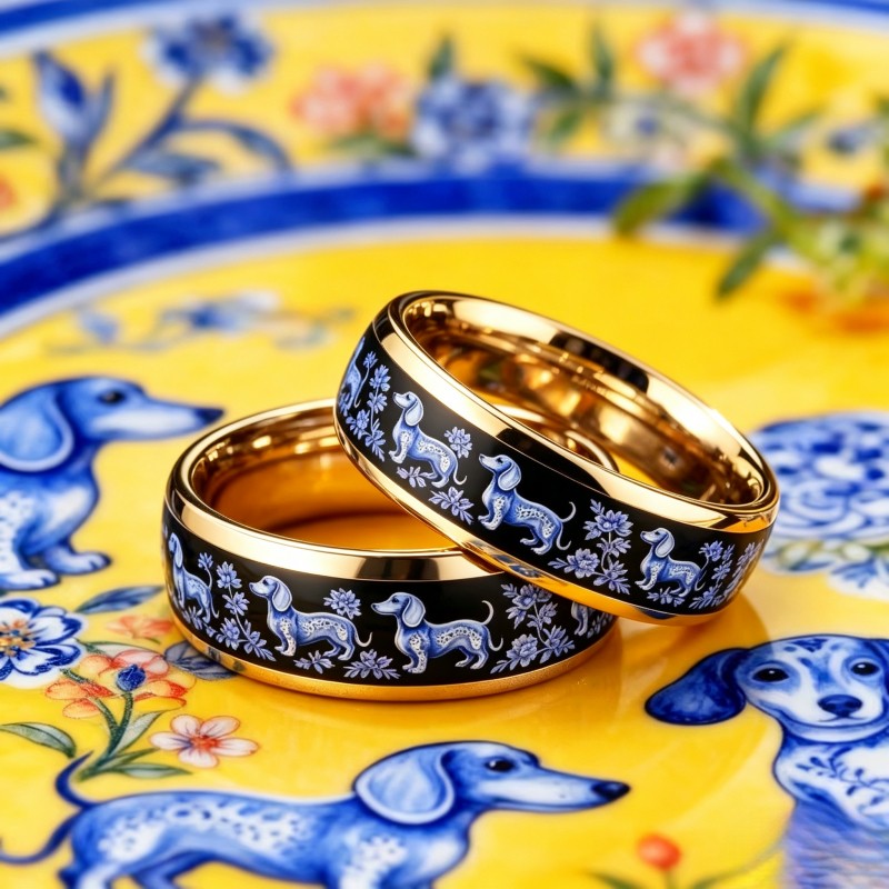 Blue Dachshund Floral Ring Set
