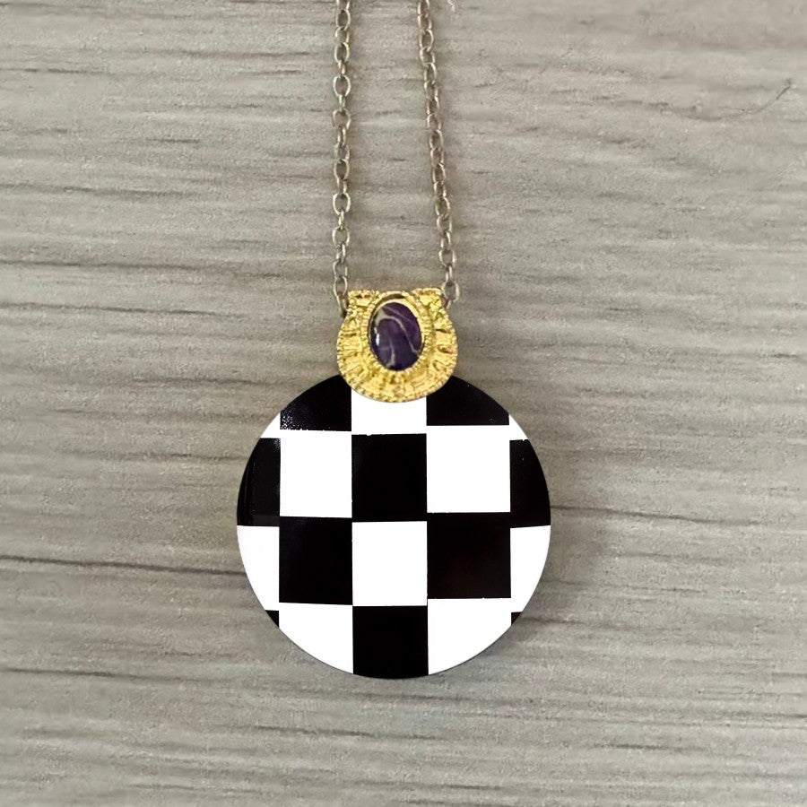 Checkered Round Pendant Necklace