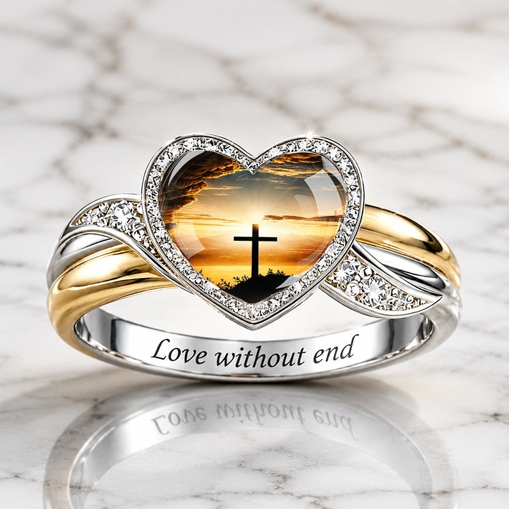 Sunset Cross Heart Split Shank Ring
