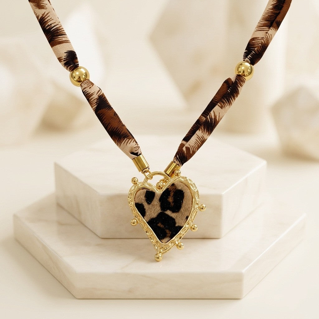 Leopard Print Fabric Heart Necklace