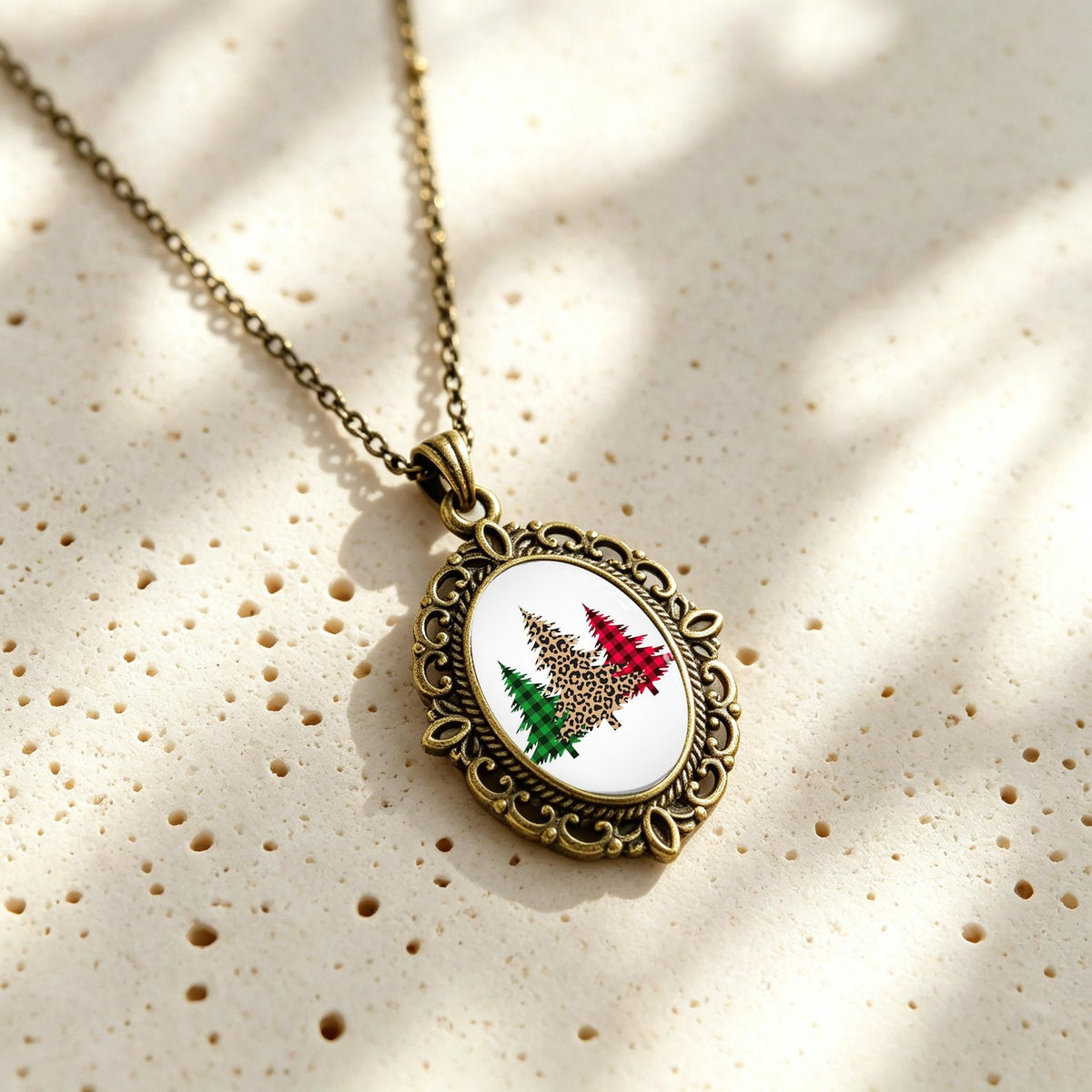 Leopard Christmas Tree Oval Pendant Necklace