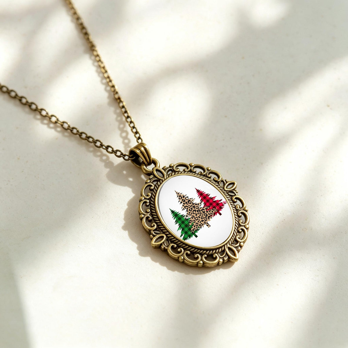 Leopard Christmas Tree Oval Pendant Necklace