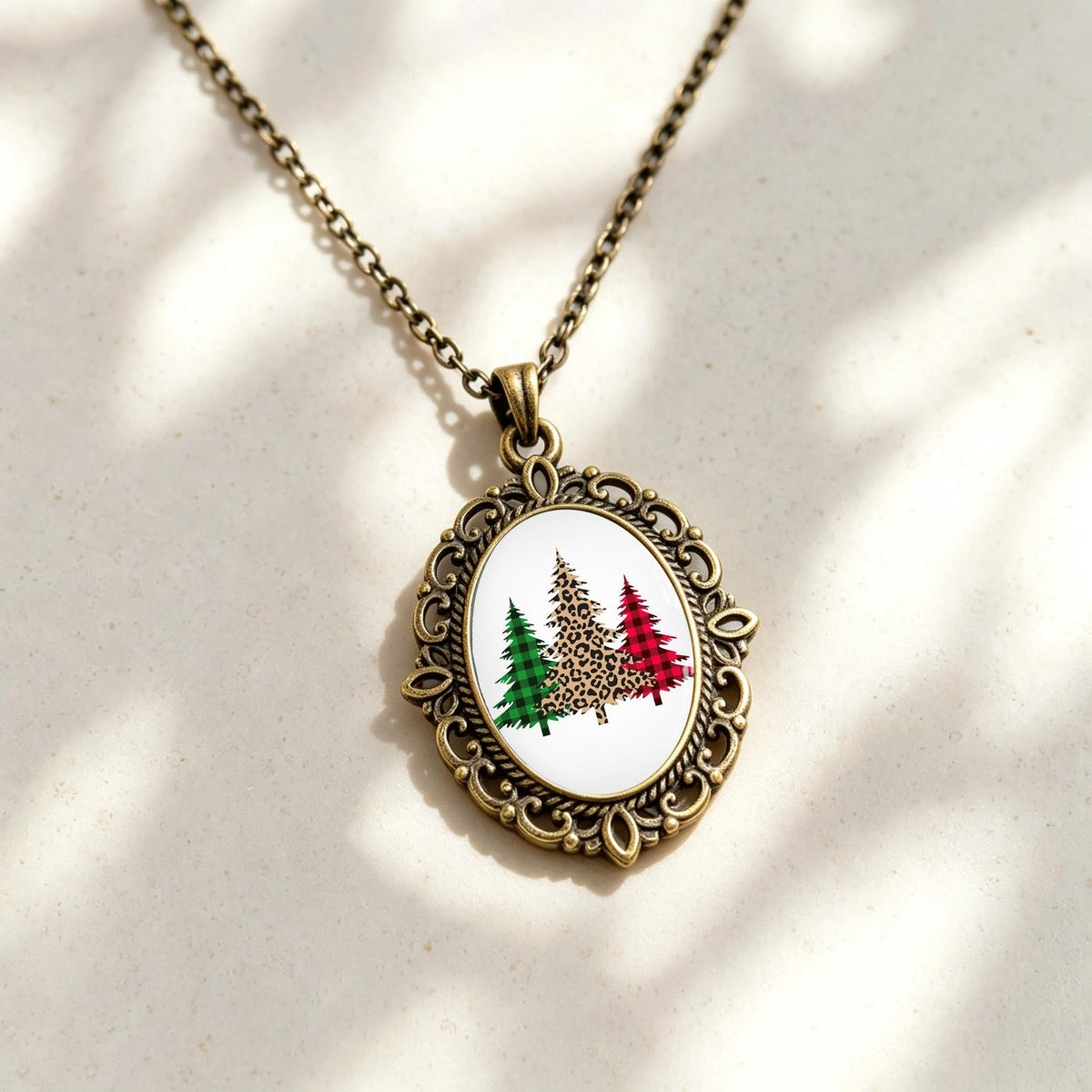 Leopard Christmas Tree Oval Pendant Necklace