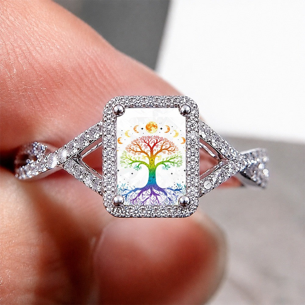 Rainbow Tree of Life Moon Phase Square Ring