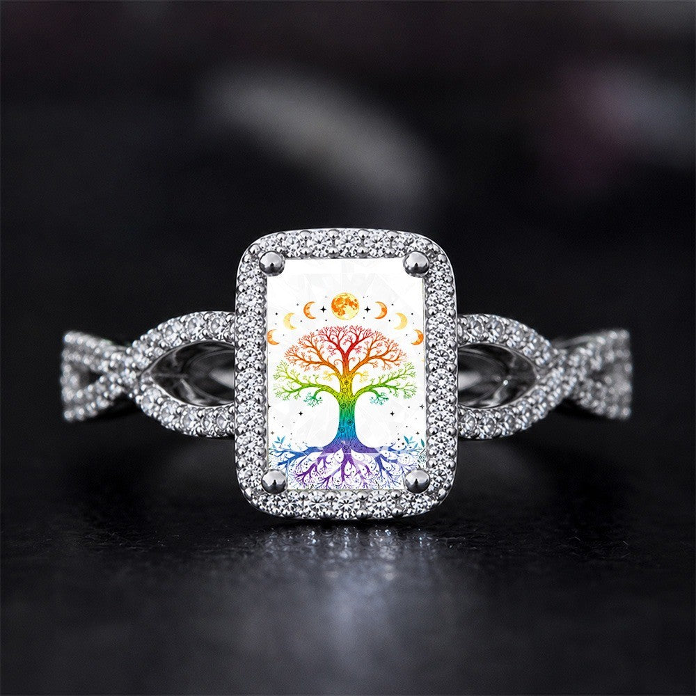 Rainbow Tree of Life Moon Phase Square Ring