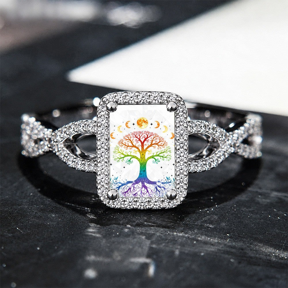 Rainbow Tree of Life Moon Phase Square Ring