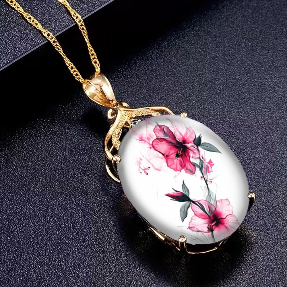 Red Hibiscus Watercolor Oval Necklace