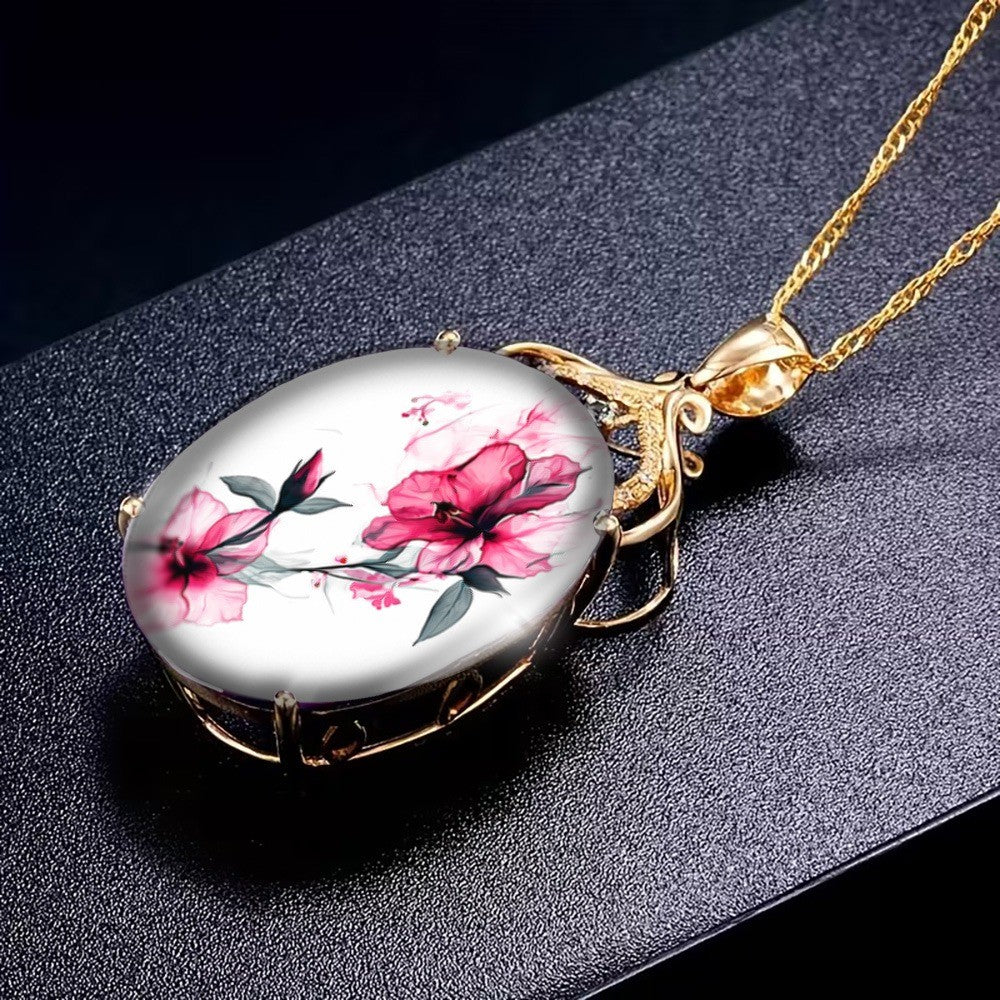 Red Hibiscus Watercolor Oval Necklace