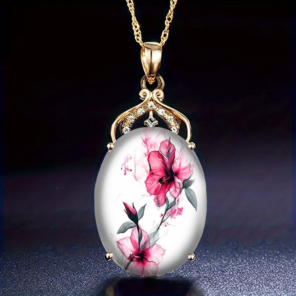 Red Hibiscus Watercolor Oval Necklace