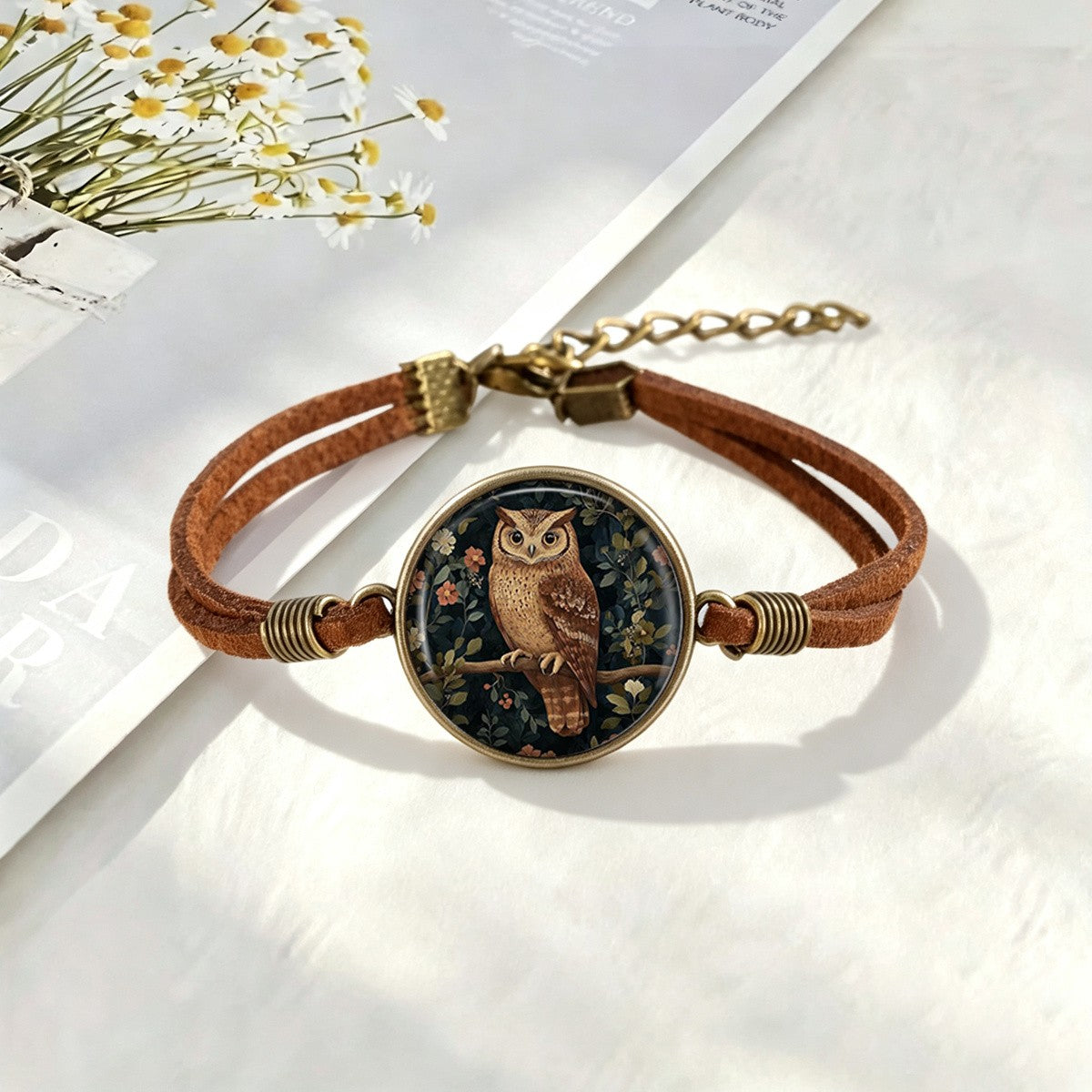 Owl & Floral Glass Cabochon Bracelet