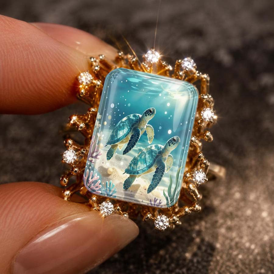 Sea Turtle Glass Square Ring