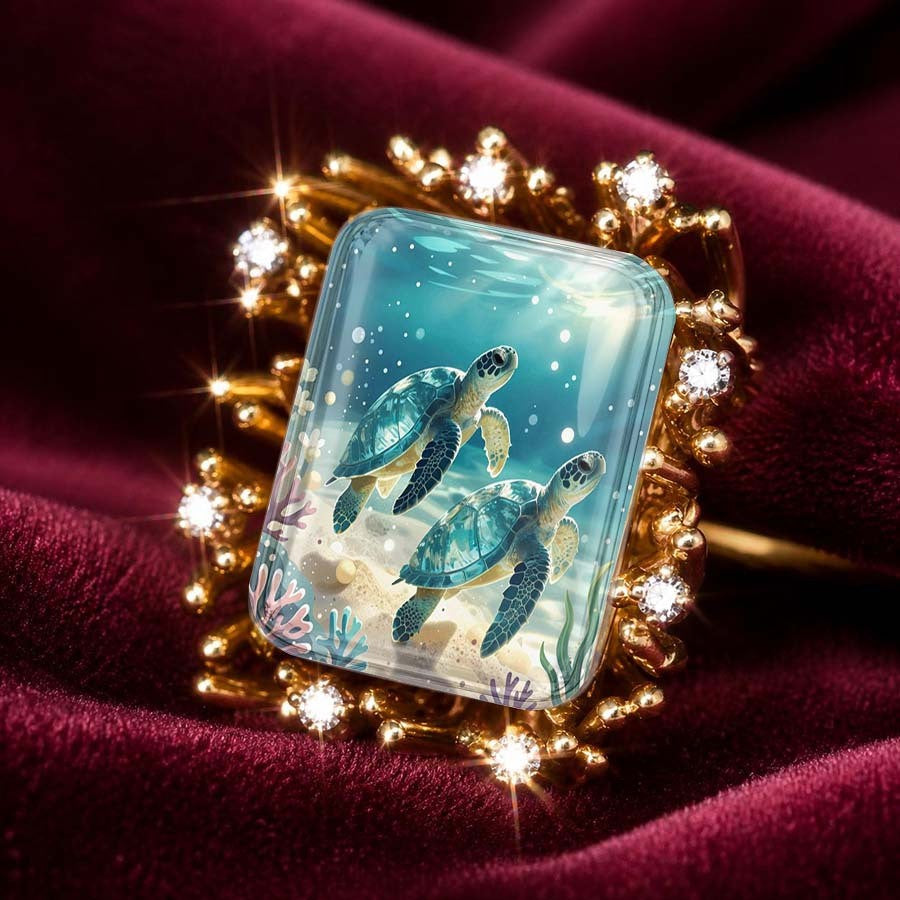 Sea Turtle Glass Square Ring