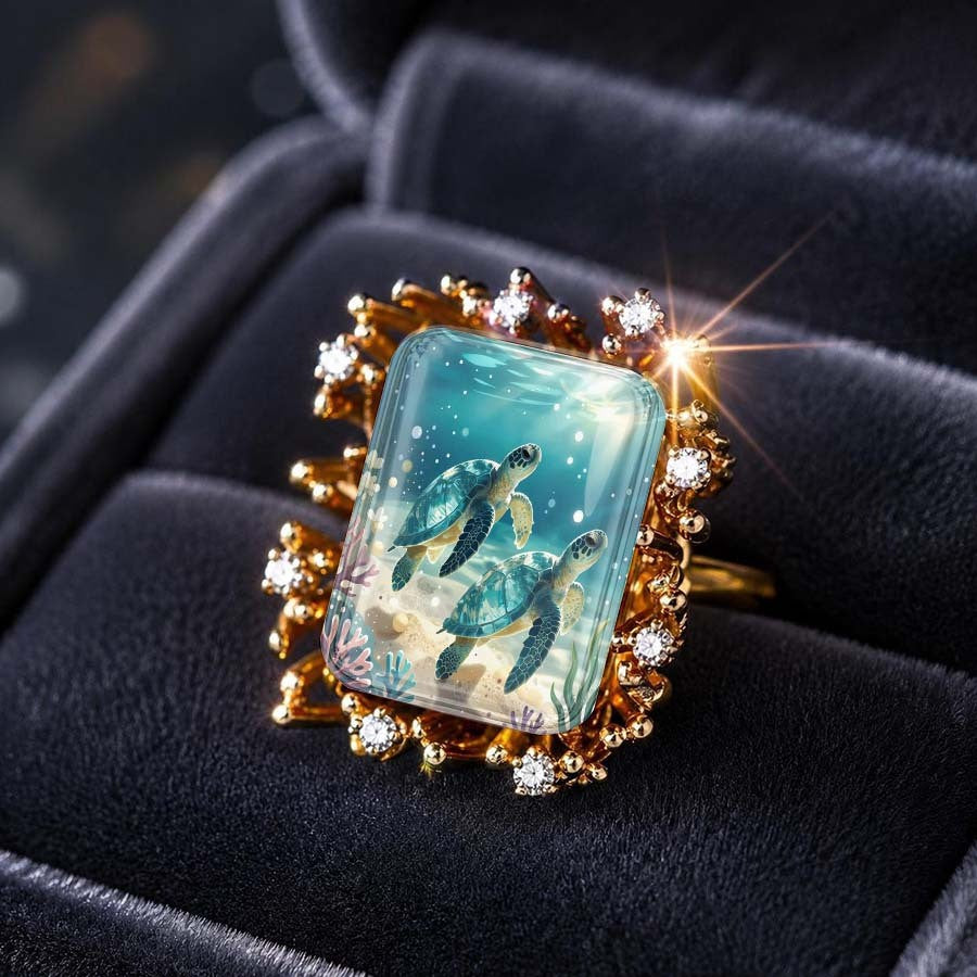 Sea Turtle Glass Square Ring