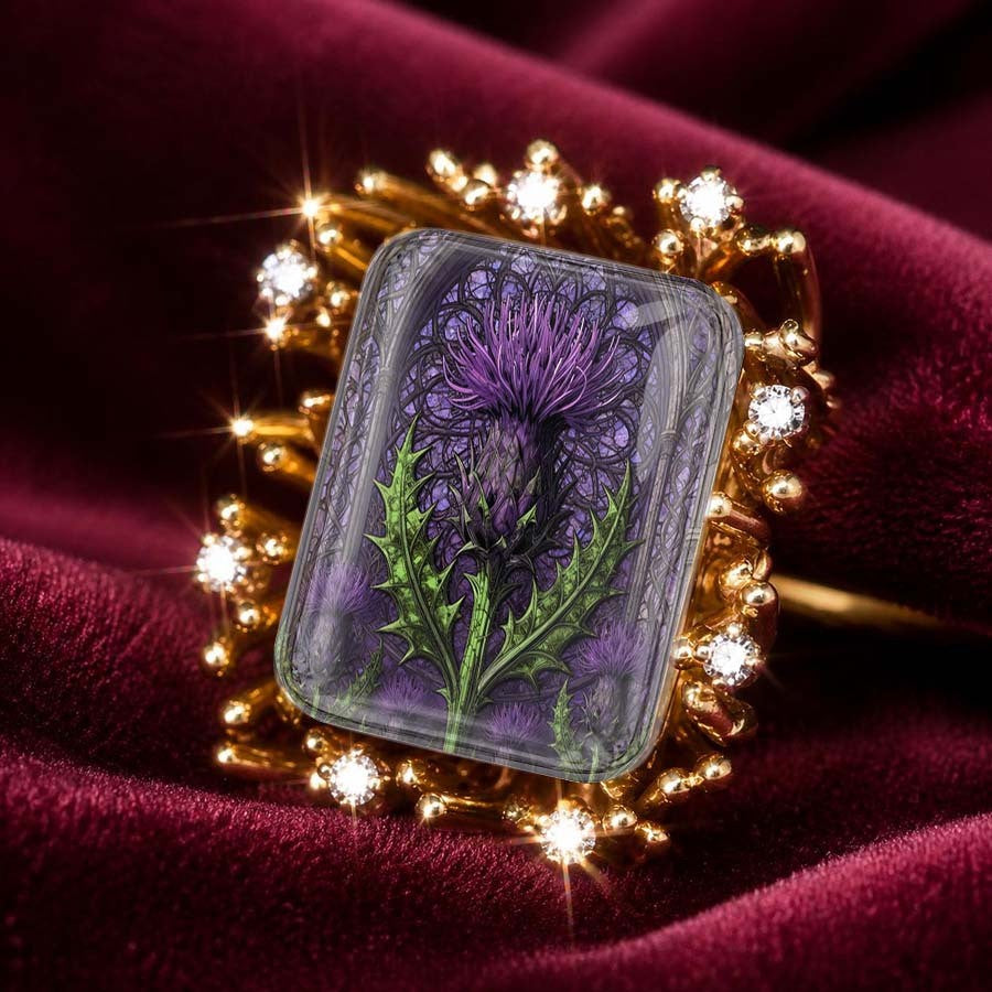 Purple Thistle & Crystal Square Ring
