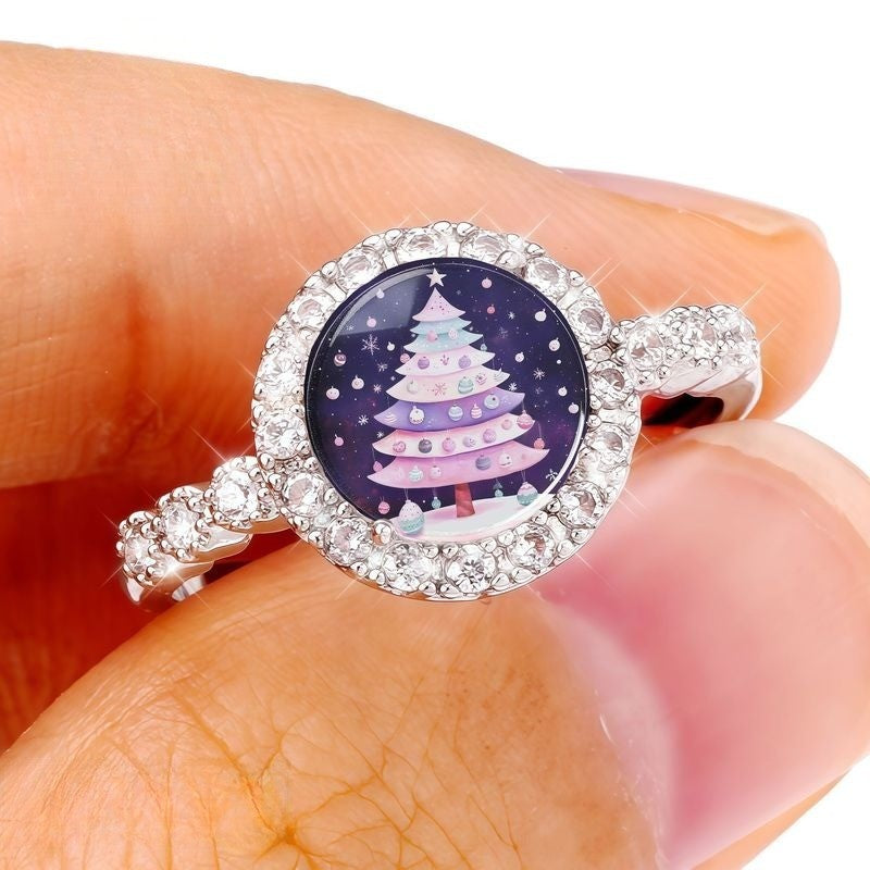 Pink Christmas Tree Round Ring