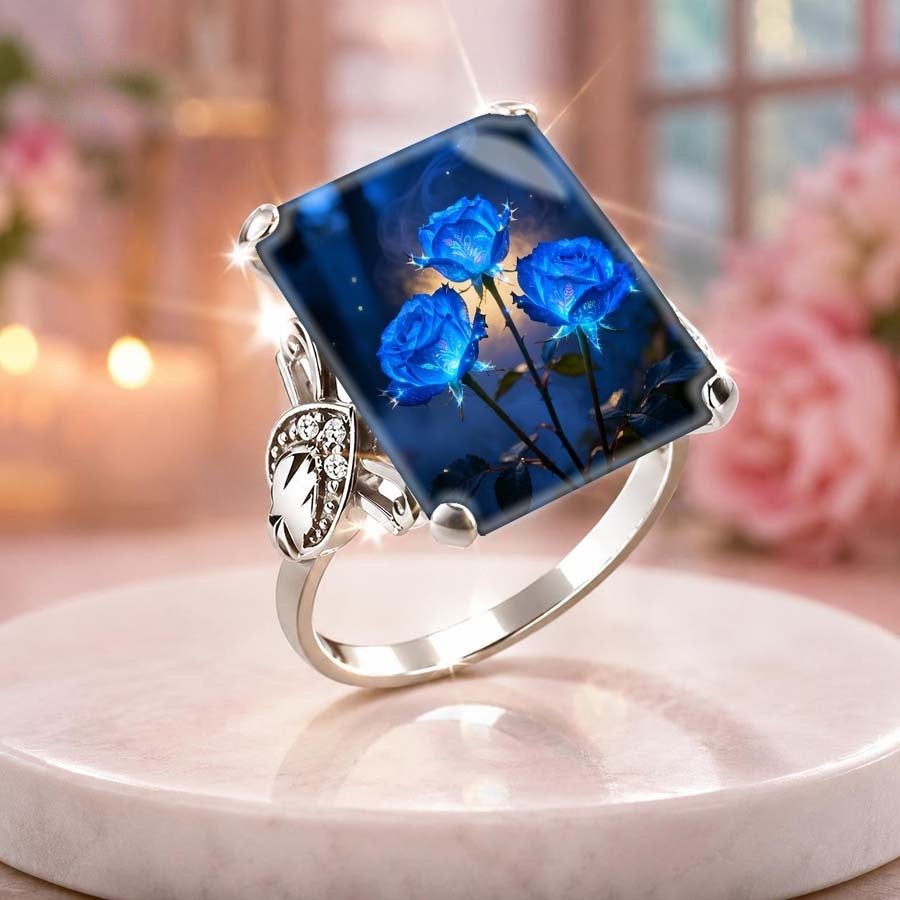 Blue Rose Glass Square Ring