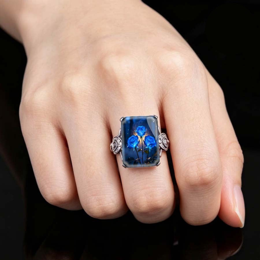 Blue Rose Glass Square Ring
