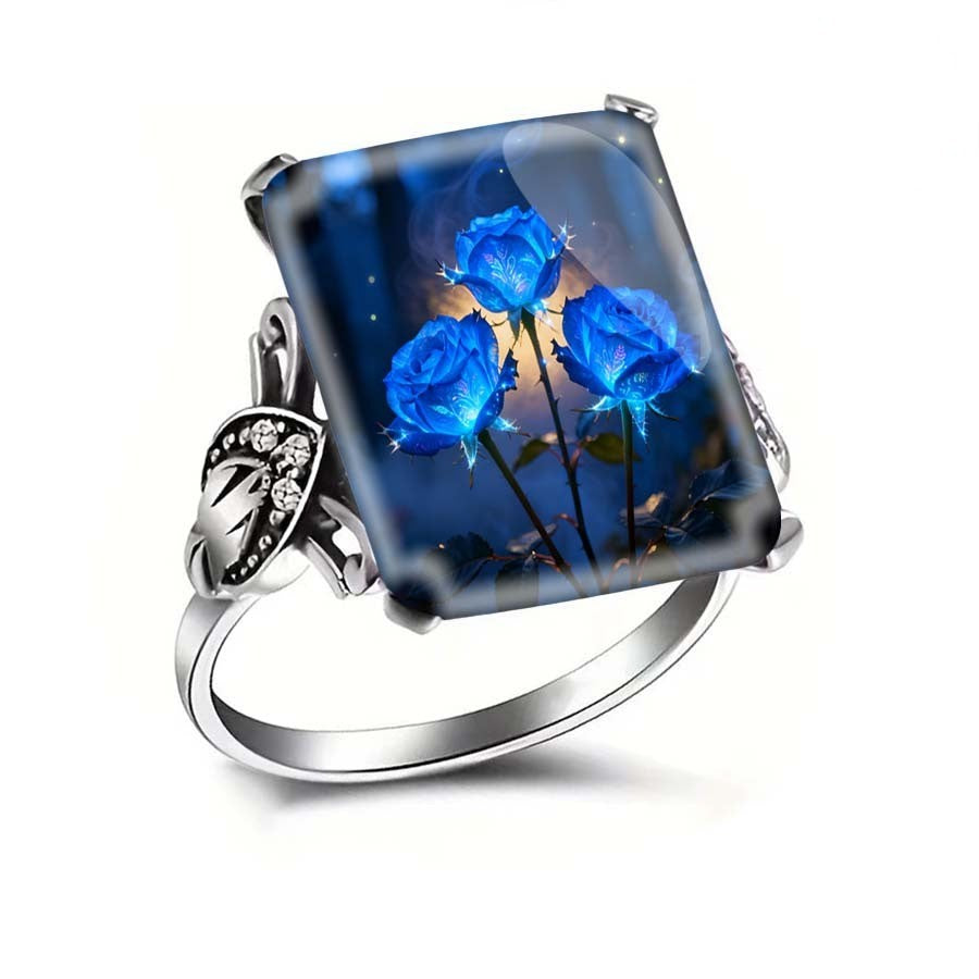 Blue Rose Glass Square Ring