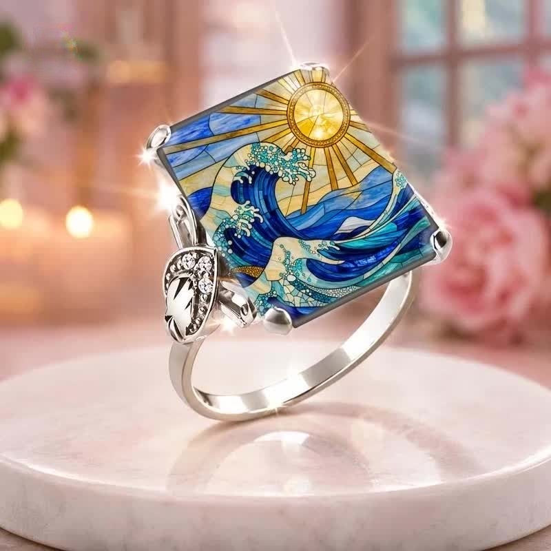 Blue Rose Glass Square Ring