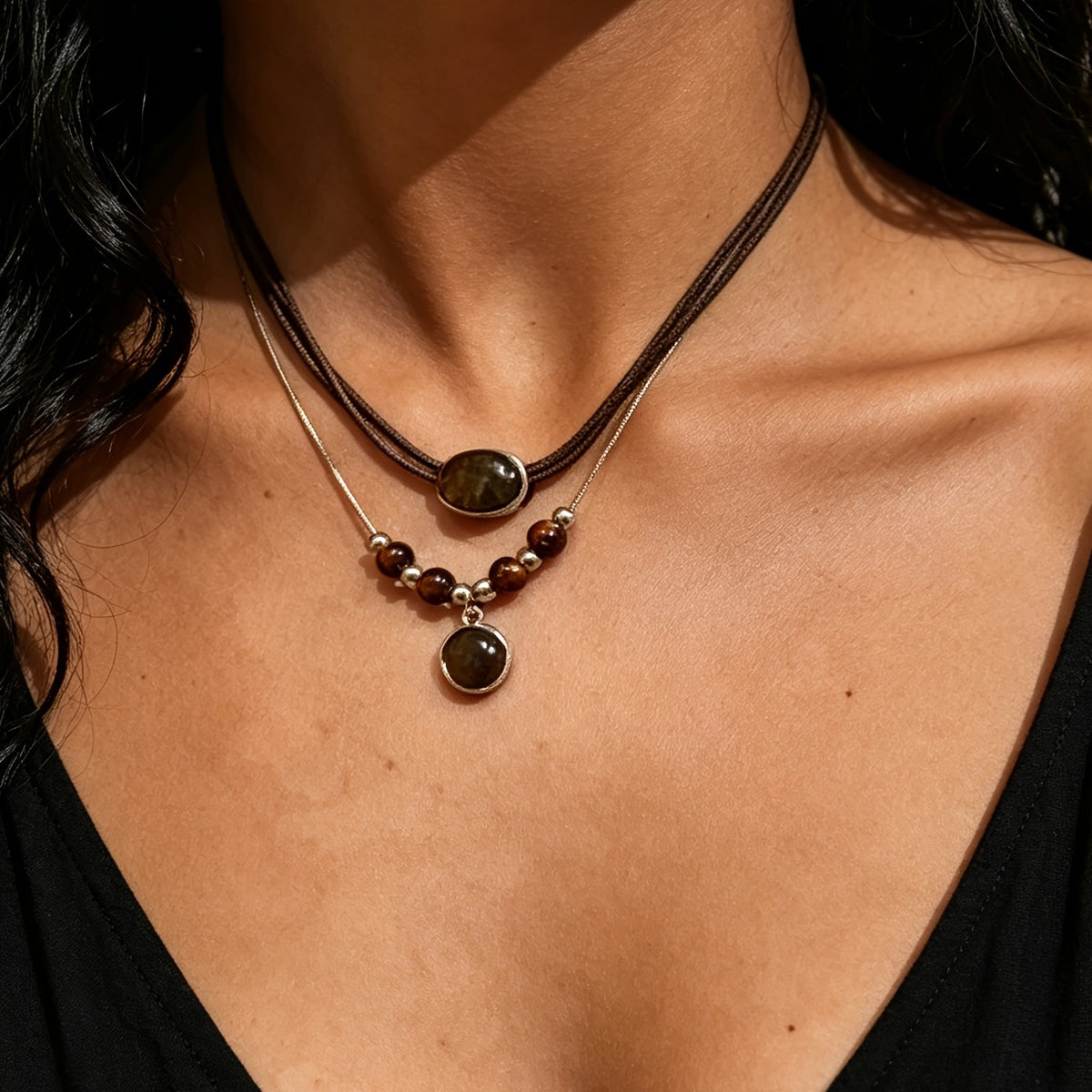 Brown Stone Layered Necklace Set