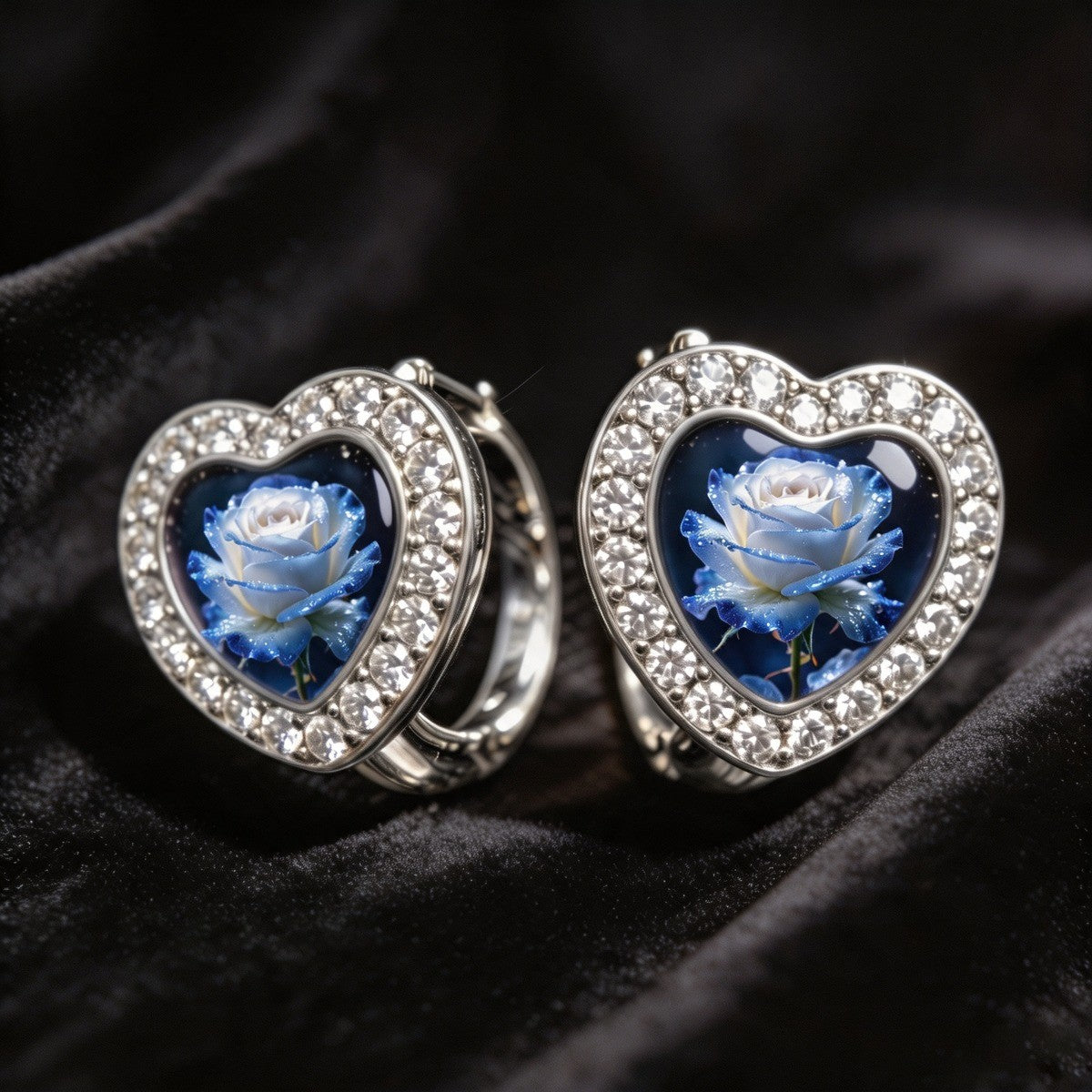 Blue Rose Heart Earrings