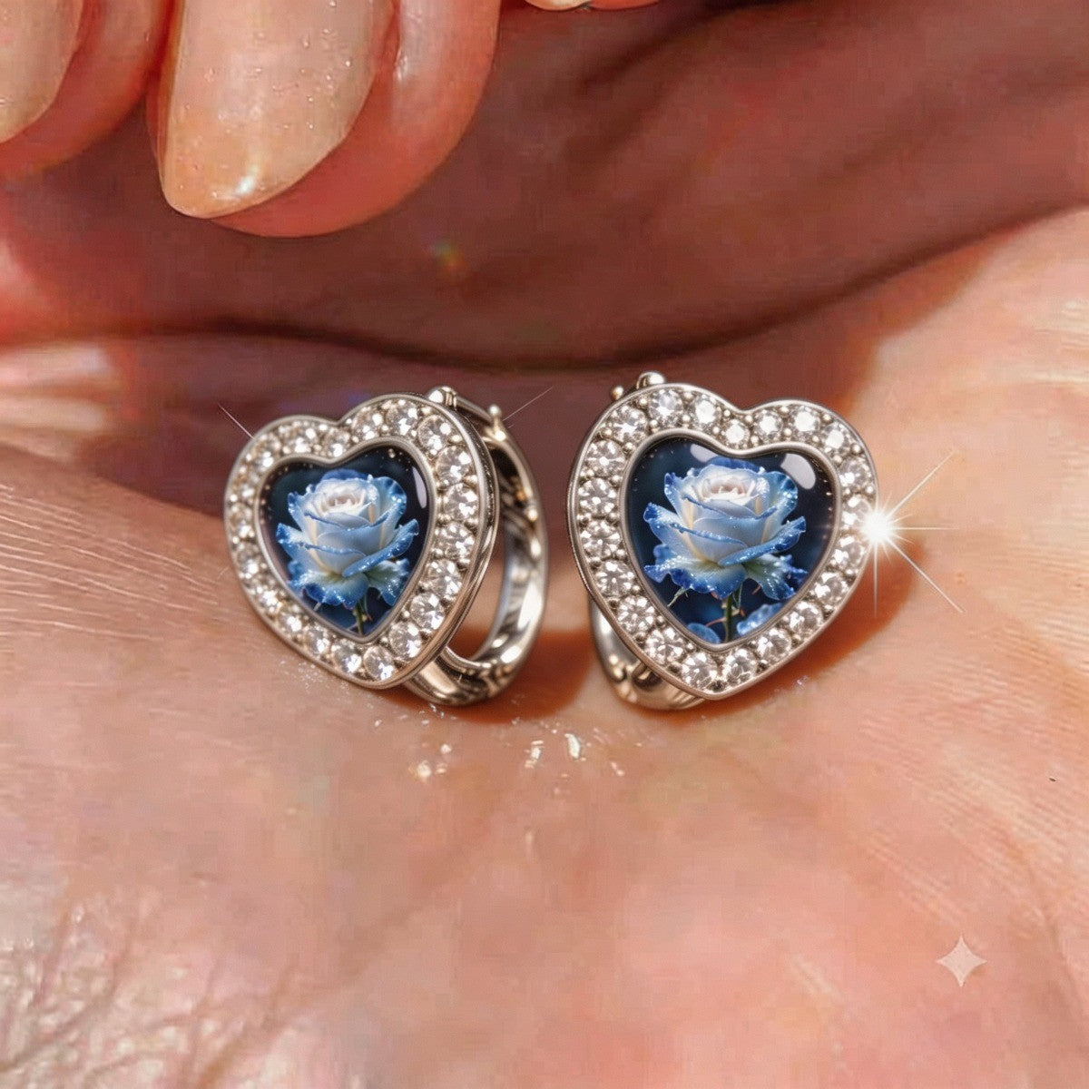 Blue Rose Heart Earrings