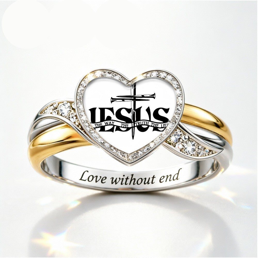 Jesus Cross Heart Glass Ring