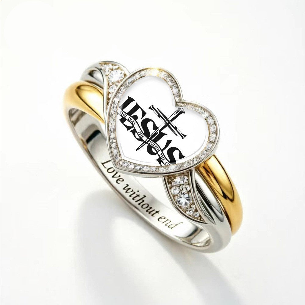 Jesus Cross Heart Glass Ring