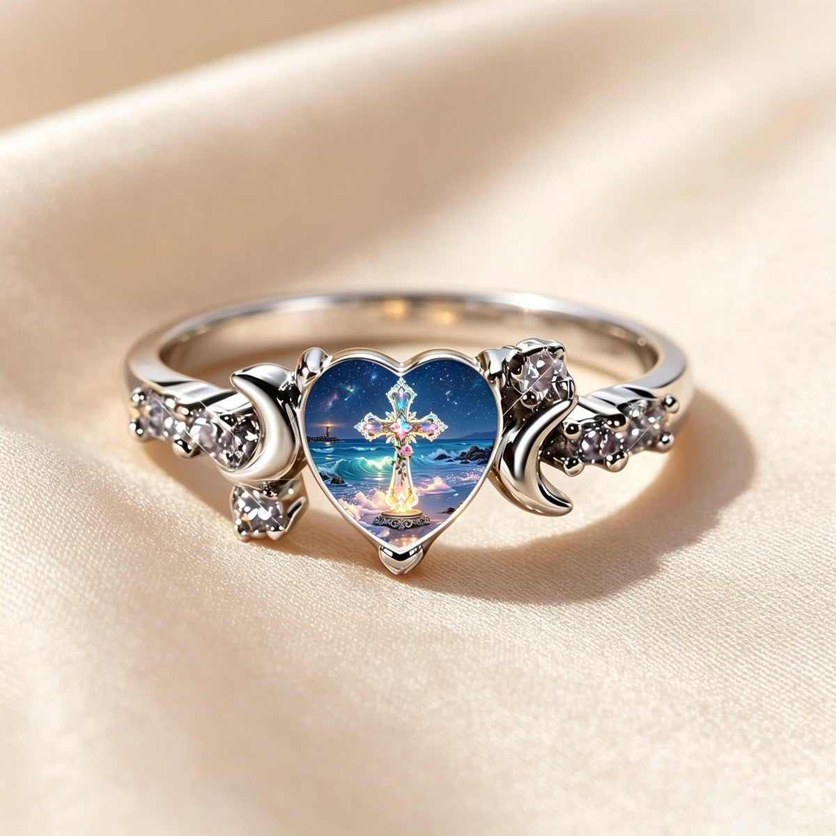 Starry Night Cross Heart Ring