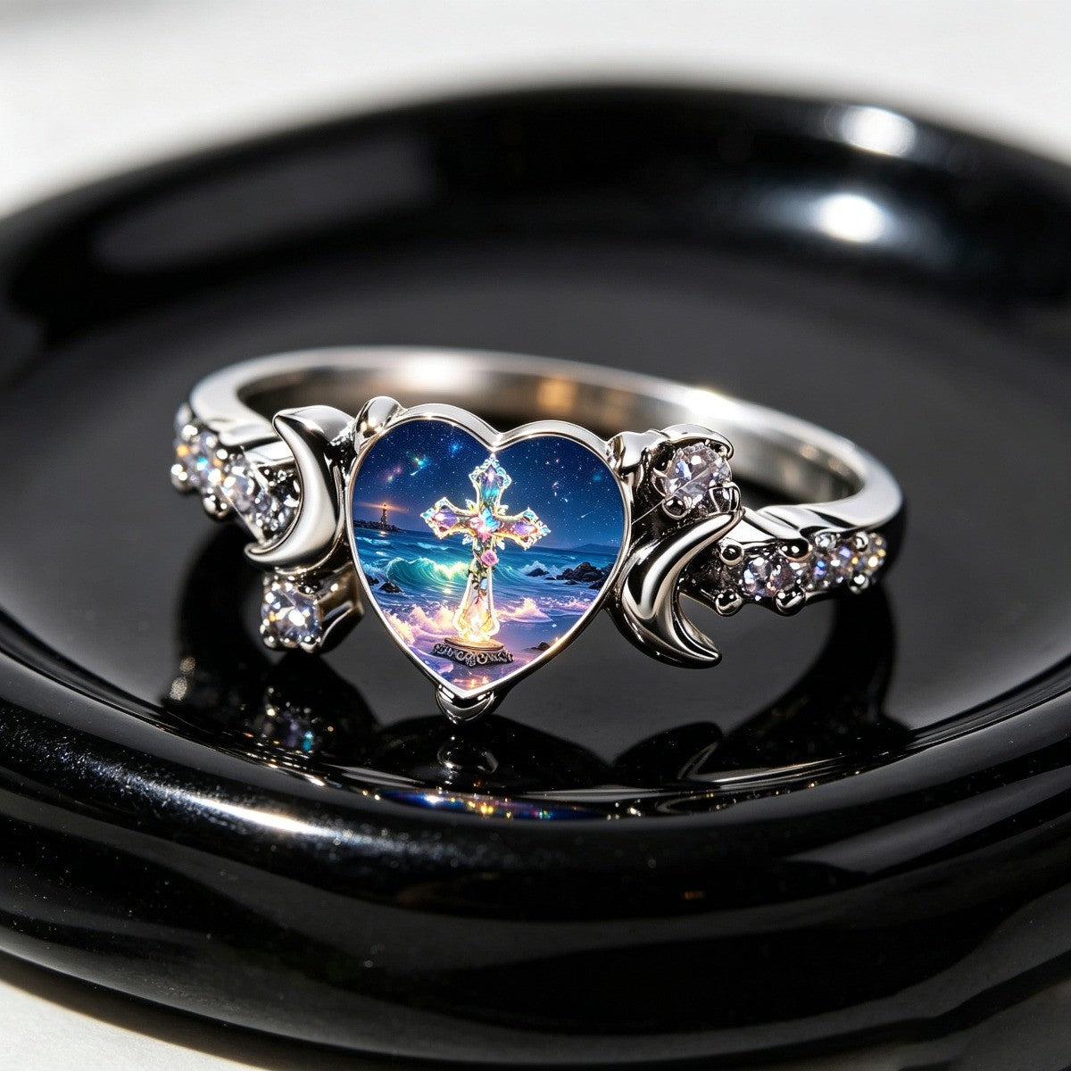 Starry Night Cross Heart Ring