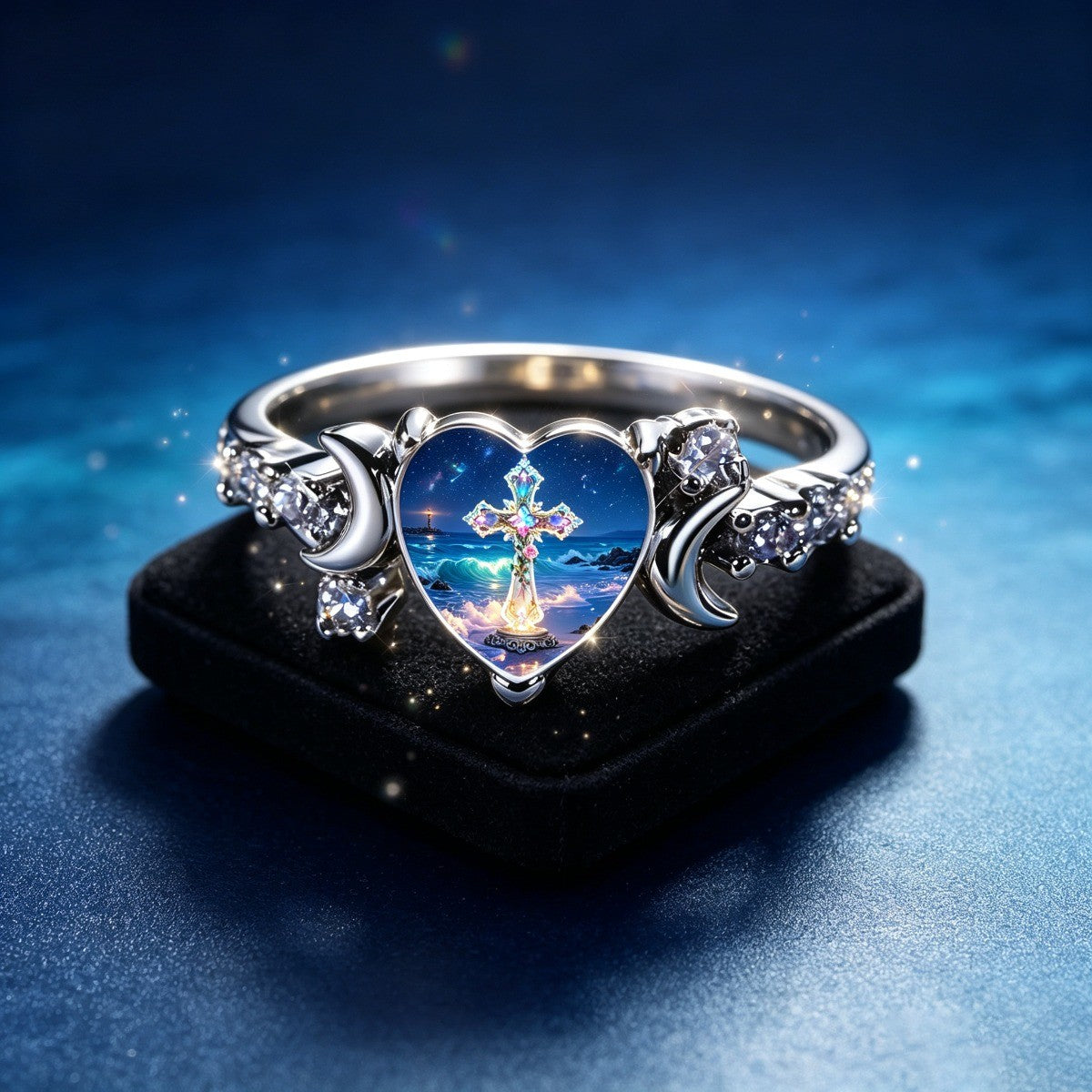 Starry Night Cross Heart Ring