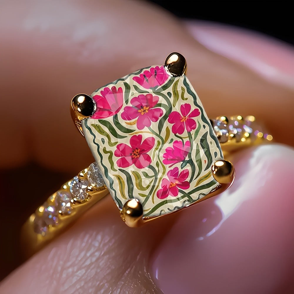 Pink Floral Square Ring