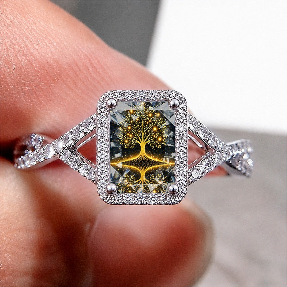 Golden Tree Reflection Square Ring