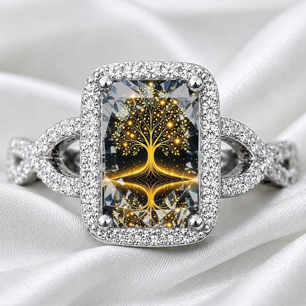 Golden Tree Reflection Square Ring
