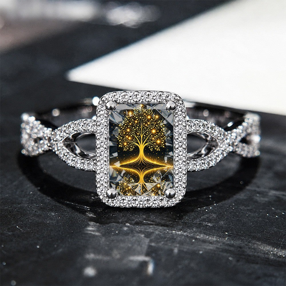 Golden Tree Reflection Square Ring