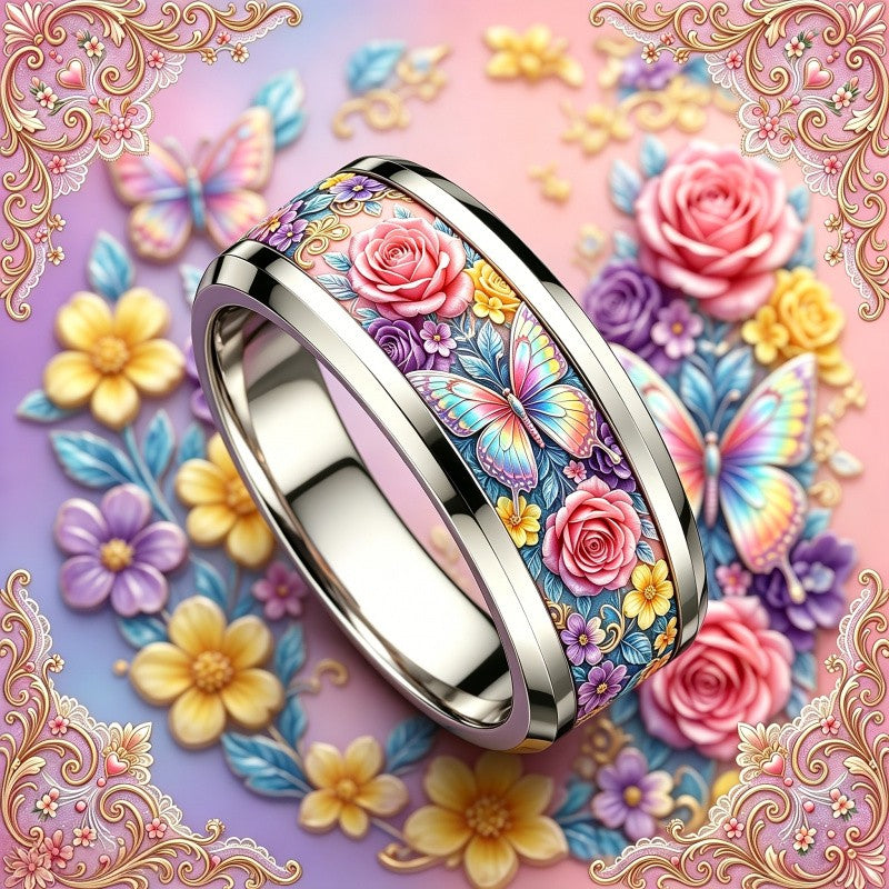 Rainbow Butterfly Floral Ring