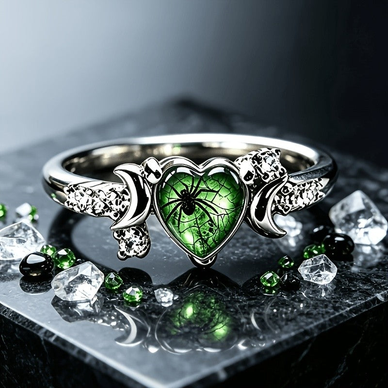 Green Heart Spider Ring