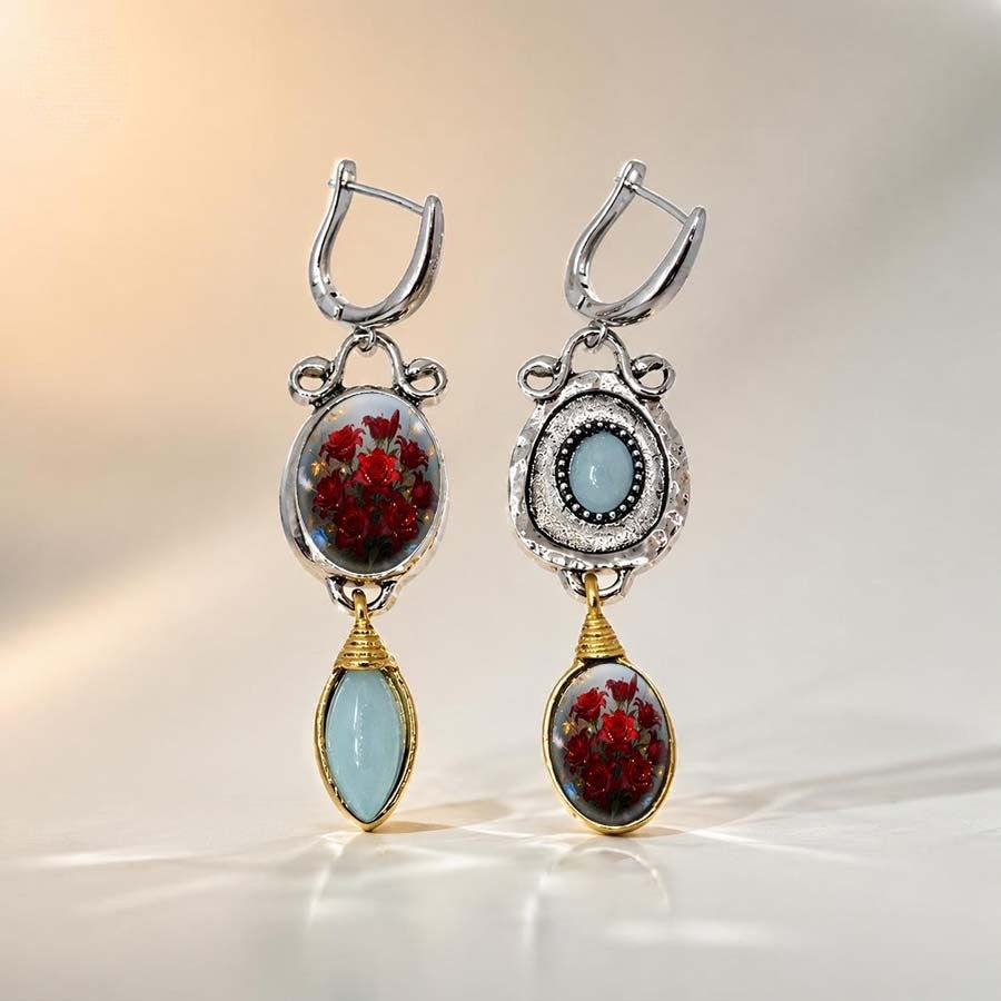 Floral & Stone Asymmetrical Earrings