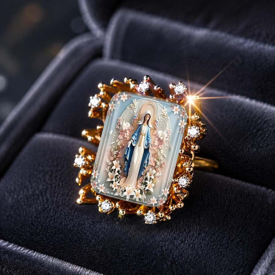 Floral Virgin Mary Square Ring