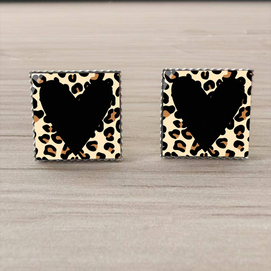 Leopard Print Heart Square Stud Earrings