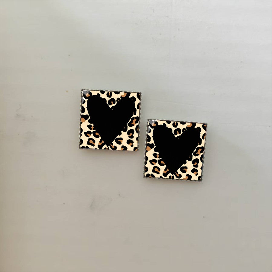 Leopard Print Heart Square Stud Earrings